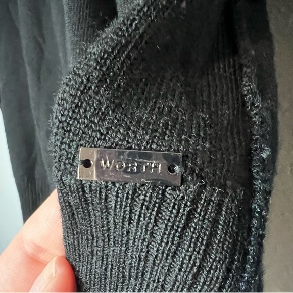 Worth Black Open Front Wool Knit Cardigan Sweater Size Small Leather Detail Long - Picture 3 of 10